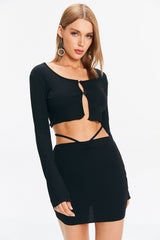 Lace Up Backless Long Sleeve Top & Tie Back Skirt Set