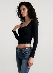 Y2K Lace Bow Paneled Slim U neck Long Sleeve Crop Top