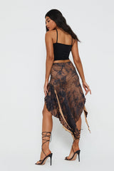 Lace Up Abstract Print Asymmetrical Hem Midi Skirt