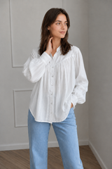 White Cotton Jacquard Stand Collar Blouse