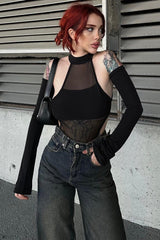 Mesh Cutout Stretch Long Sleeve Bodysuit