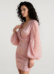 Long Sleeve V-Neck Sequin Bodycon Mini Sequin Dress