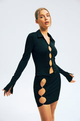 Lapel Neck Long Sleeve Top & Cut Out Mini Skirt Set