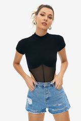 Mesh Splicing Mock Neck Short Sleeve Bodysuit