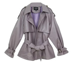 Stand Collar Belted PU Leather Quilted Jacket