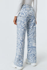Wave Print High Waist Straight-leg Jeans