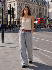 Stripe Plaid Panel Double Waist Wide Leg Pants