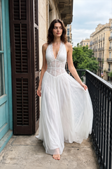 Solid Halter V Neck Boning Waist Mesh Maxi Dress