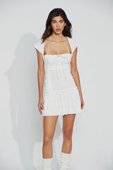 Square Neck Lettuce Trim Drawstring Ruched Mini Dress