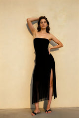 Fringe Strapless Slit Chic Cocktail Dress