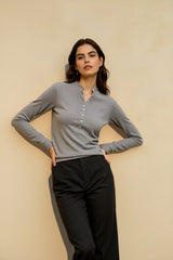 Fitted Henley Button Slim Crew Neck Long Sleeve Blouse