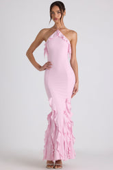 Ruffle-Trim Halterneck Gown