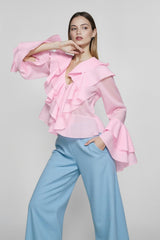 Chiffon Flare Sleeve Cropped Blouse