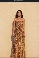 Strapless Lace Up Pleated Boho Dress
