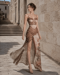 Leopard Printed Patchwork Lace Floral Dress