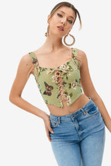 Floral Print Lace Up Asymmetrical Hem Crop Top