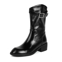 Julianti Women's Winter Round Toe Leather Black Boots Square Metal Buckle Mid-Calf