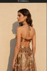 Strapless Lace Up Pleated Boho Dress