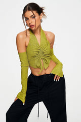 Halter Neck Drawstring Ruched Long Sleeve Top With Oversleeve