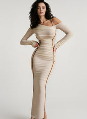Diagonal Collar Draped Mesh Maxi Dress