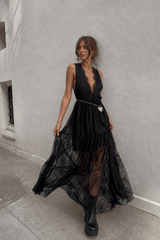 Sexy Solid V Neck Loose Lace Maxi Dress