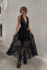 Sexy Solid V Neck Loose Lace Maxi Dress