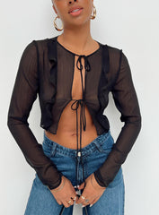 Tie Detail Cut Out Long Sleeve Mesh Shirt
