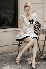 Vintage Polka Dot Bow Collar Ruffled Mini Dress