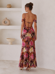 Tie Strapless Ruffled Print Sexy Bodycon Maxi Dress