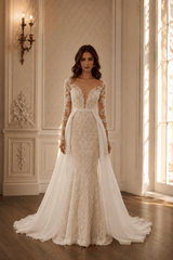 Lace Deep V Mermaid Detachable Train Wedding Dress