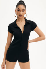 Ribbed Lapel Neck Button Front Romper Playsuit