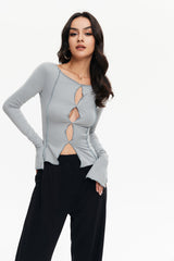 Cut Out Seam Detail Split Cuff Long Sleeve Top