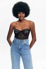 Off Shoulder Mesh Underwire Cut Out Bodysuit