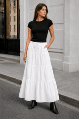 White Tie Waist A-Line Maxi Skirt