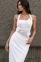 3D Floral Patchwork Halter Slim Cutout Waist Maxi Dress