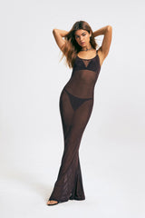 U Neck Mesh Solid Cami Maxi Dress Without Underwear