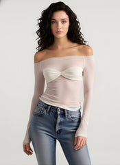 Sheer Ruched Faux Two-Piece Off Shoulder Crop Top