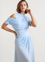 Shawl Ruched Solid Elegant Maxi Dress