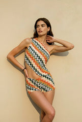 One Shoulder Tie Back Stripe Knit Shorts Vacation Set