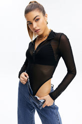 Mesh Half Zipper Solid Bodysuit