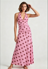 Vintage Polka Dot Halter V-neck Maxi Dress