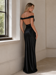 Vintage Satin Mermaid Off Shoulder Maxi Dress