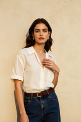 Linen French Deep V Short Blouse