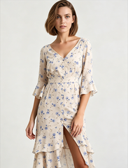 Asymmetric Ruffled Sleeve High Waist Floral Dress
