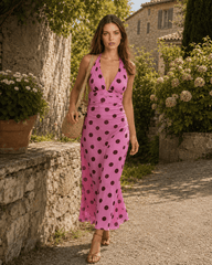 Polka Dot Halter V-Neck Color Block Bodycon Maxi Dress