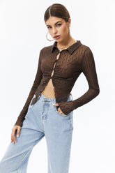 Lettuce Trim Split Hem Mesh Long Sleeve Top