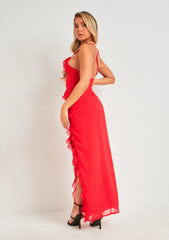 Cora Red Strappy Frill Maxi Dress