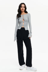 Cut Out Seam Detail Split Cuff Long Sleeve Top
