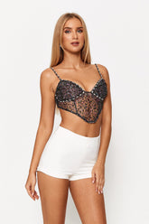 Rhinestone Decor Asymmetrical Hem Lace Crop Top