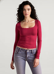 Y2K Lace Bow Paneled Slim U neck Long Sleeve Crop Top